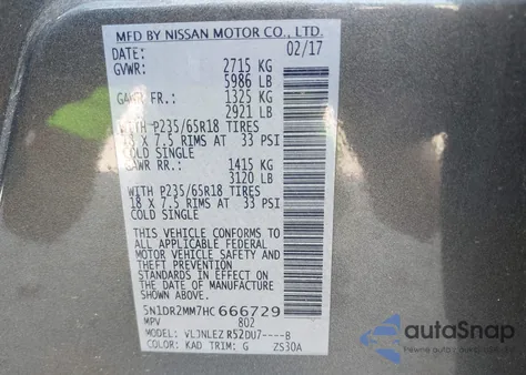 2017 Nissan Pathfinder Sv from USA, damaged, VIN 5N1DR2MM7HC666729